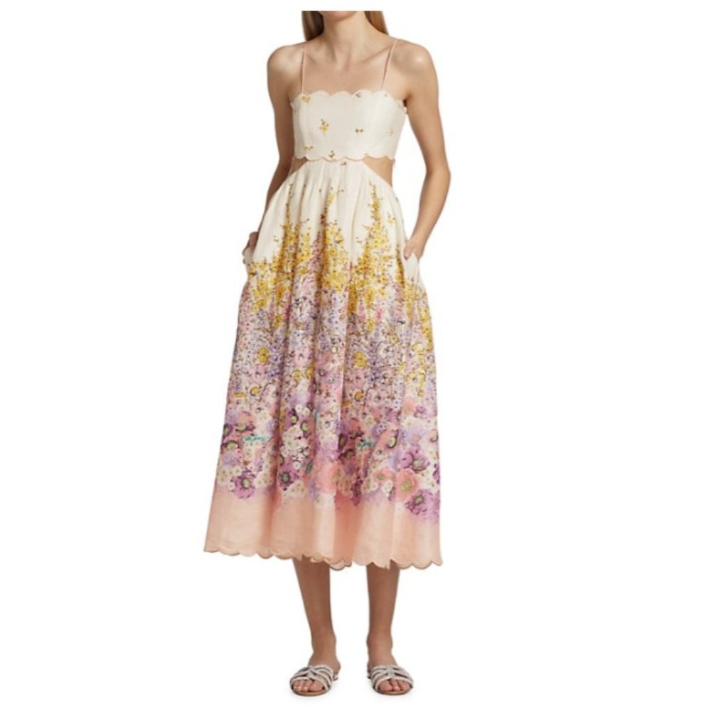 Zimmermann Jude Scalloped Cut-Out Linen Midi-Dress